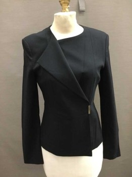 Womens, Blazer, HUGO BOSS, Black, Wool, Solid, 2, Double Breasted, Snap Front, Snap At Collar, 1 Lapel, Waist Seam, Micro Windowpane Texture