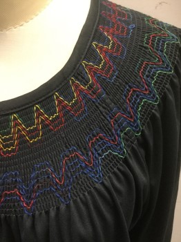 Womens, Top, MORE FOR YOUR MONEY, Black, Polyester, Solid, M, Smocked Circle Yoke with Decorative Multi-color Threaded Wavy Lines, Raglan S/S, 1/2 Button Front,  Gathered at Yoke