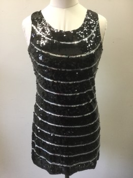 Womens, Cocktail Dress, RUNWAY, Black, Sienna Brown, Polyester, Sequins, Stripes - Horizontal , L, Black and Silver Sequin Covered, Black Sequins with Silver Sequin Horizontal Stripes, Sleeveless, Scoop Neck, Hem Above Knee, Back Up Singers, Girl Group