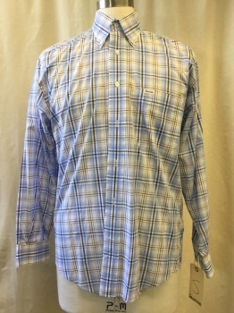 FACONNABLE, White, Navy Blue, Lt Blue, Chocolate Brown, Cotton, Plaid, Button Down Collar, Long Sleeves, 1 Pocket,