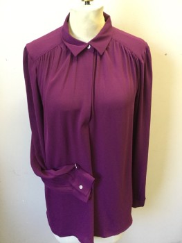 LOFT, Orchid Purple, Polyester, Solid, Collar Attached, Gathered Yoke Front & Back, Key Hole Front with 1 Button, Long Sleeves, Curved Hem