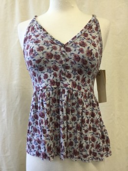 Womens, Top, AMERICAN EAGLE, Heather Gray, Mauve Purple, Purple, Red Burgundy, Synthetic, Floral, S, V-neck, Henley, Gathered Waist, Sleeveless