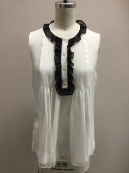 Womens, Top, DVF, Off White, Black, Silk, Solid, 2, Double Layer, Sleeveless, Pin Tuck Bib, 1/2 Button Front, Black Sheer Ruffle at Neck/Placket