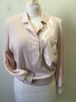 PHILIPPE MARQUES, Lt Pink, Polyester, Solid, Blouse with Faux Sweater Vest. Poly Knit Front, Button Placet, Abstract Floral Applique, Shoulder Pads, Silk Blouse with Long Sleeves, Silky Back