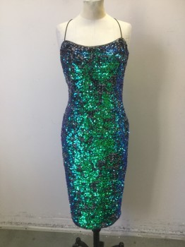 ADRIANNA PAPELL, Iridescent Green, Gray, White, Polyester, Sequins, Novelty Pattern, Tweed, Iridescent Green and Blue Sequins Mixed with Gray and White Tweed Weave. Fitted Dress with Skinny Black Spagetti Straps