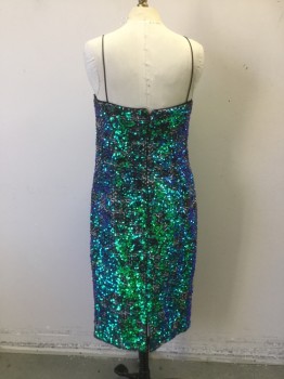 ADRIANNA PAPELL, Iridescent Green, Gray, White, Polyester, Sequins, Novelty Pattern, Tweed, Iridescent Green and Blue Sequins Mixed with Gray and White Tweed Weave. Fitted Dress with Skinny Black Spagetti Straps