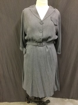 N/L, Gray, Rayon, Stripes - Shadow, Shirtwaist, Notched Lapel, 2 Pocket Flaps 1 Pocket, 3 Self Covered Button Front, 3/4 Sleeves Cuffed, BELT
