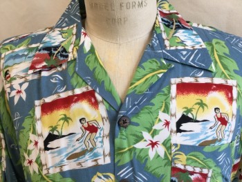 Mens, Hawaiian Shirt, UTILITY, Teal Blue, White, Gray, Yellow, Red, Rayon, Tropical , M, Collar Attached, Button Front, 1 Pocket, Ss