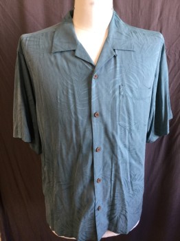 TOMMY BAHAMA, Teal Blue, Silk, Tropical , Button Front, Short Sleeves, Collar Attached, Self Ghost Palm Tree Pattern