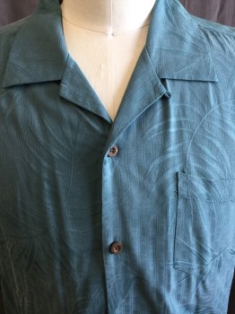 TOMMY BAHAMA, Teal Blue, Silk, Tropical , Button Front, Short Sleeves, Collar Attached, Self Ghost Palm Tree Pattern