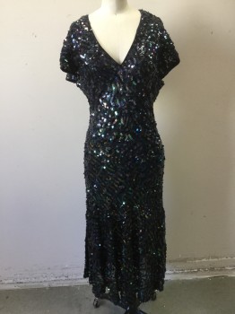 MAXZARIA, Midnight Blue, Iridescent Black, Sequins, V-neck, Fluttery Cap Sleeves, Peacock Iridescent Colored Sequins, Tie Back,