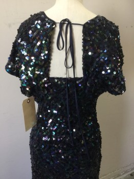 MAXZARIA, Midnight Blue, Iridescent Black, Sequins, V-neck, Fluttery Cap Sleeves, Peacock Iridescent Colored Sequins, Tie Back,