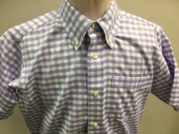 BROOKS BROS, Purple, White, Cotton, Check , Button Front, Short Sleeves, 1 Pocket, Button Down Collar Attached