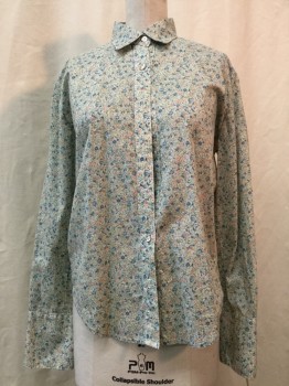 PHAROH, Ivory White, Baby Blue, Blue, Mauve Pink, Green, Cotton, Floral, Ivory, Baby Blue/ Blue/ Mauve Pink/ Green Floral, Button Front, Collar Attached, Long Sleeves,