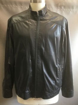 Mens, Leather Jacket, REMY, Black, Leather, Solid, 2XL, Zip Front, Stand Collar, 2 Zip Pockets