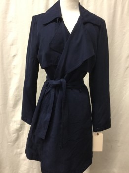 Womens, Coat, Trenchcoat, BANANA REPUBLIC, Navy Blue, Tencel, Lyocell, Solid, S, No Buttons, Self Tie Belt, Collar Attached, 2 Welt Pocket,