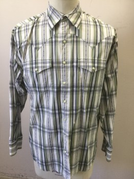 Mens, Western, RESISTOL, White, Navy Blue, Green, Cotton, Plaid, L, Long Sleeves, Snap Front, Collar Attached, 2 Flap Pockets with Snap Closures, Western Yoke and Styling, Cream Snaps in Silver Settings, **Has a Double