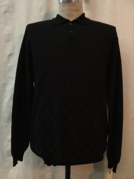 Mens, Pullover Sweater, SEGRETO, Black, Brown, Wool, Basket Weave, XL, Black & Brown Basket Weave, 2 Buttons,  Collar Attached,