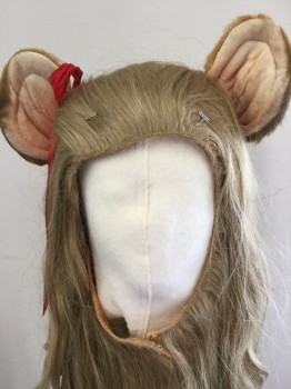 COWARDLY LION MTO, Brown, Orange, Red, Faux Fur, Solid, HEAD: Ears, Beautiful Blonde  Mane with Long Hair, Face Cut Out, Red Bow on Ear