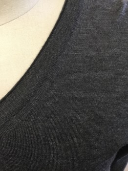 Mens, Pullover Sweater, SAKS FIFTH AVENUE, Dk Gray, Wool, Solid, M, V-neck, Long Sleeves, Ribbed Knit Neck/Cuff/Waistband with Black Trim
