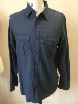 JCREW, Indigo Blue, Linen, Solid, Collar Attached, Button Front, Long Sleeves, Pocket Flap,