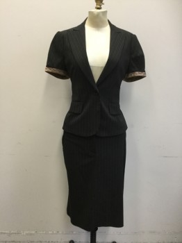 Womens, Suit, Jacket, BCBG, Brown, Tan Brown, Polyester, Viscose, Stripes, XS, Single Breasted, Collar Attached, Peaked Lapel, Short Sleeves with Turned Back Cuff with Jagged Black Stitching, 1 Button, 2 Pockets,