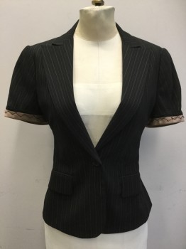 BCBG, Brown, Tan Brown, Polyester, Viscose, Stripes, Single Breasted, Collar Attached, Peaked Lapel, Short Sleeves with Turned Back Cuff with Jagged Black Stitching, 1 Button, 2 Pockets,