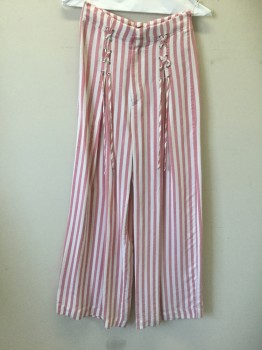 Womens, Casual Pants, TRF/ZARA, Faded Red, White, Rayon, Stripes - Vertical , XS, Dusty Faded Red and White Vertical 1/2" Wide Stripes Pattern, High Waist, Wide Leg, 2 Rows of Self Criss Crossed Lacing with Silver Grommets at Either Side of Waist, Zip Fly, 2 Back Pockets