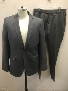 ZARA MAN, Gray, Polyester, Viscose, Solid, Single Breasted, Notched Lapel, 2 Buttons, 3 Pockets, Dark Navy Lining