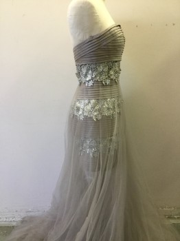 MUSANI, Putty/Khaki Gray, Silver, Polyester, Rhinestones, Solid, Floral, Strapless, Back Zipper, Horizontal Pleated Fitted Mini Dress with Bands of Silver Floral Rhinestone Lace, Flor Length Tulle Over skirt From Empire Waist is Open in Front and Makes Train in Back