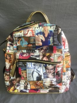 Womens, Purse, N/L, Multi-color, Gold, Synthetic, Logo , Novelty Pattern, Mini Backpack with Fashion Magazine Covers (Elle, Vogue, Etc) Novelty Print, Gold Metallic Pleather Accents