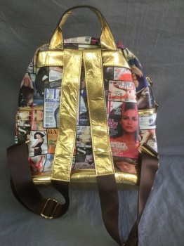 Womens, Purse, N/L, Multi-color, Gold, Synthetic, Logo , Novelty Pattern, Mini Backpack with Fashion Magazine Covers (Elle, Vogue, Etc) Novelty Print, Gold Metallic Pleather Accents