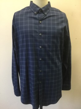 VAN HEUSEN, Navy Blue, Lt Gray, Cotton, Polyester, Plaid-  Windowpane, Navy with Lighter Navy and Gray Windowpane, Long Sleeve Button Front, Collar Attached, Button Down Collar, 1 Pocket
