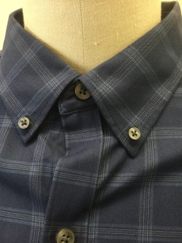VAN HEUSEN, Navy Blue, Lt Gray, Cotton, Polyester, Plaid-  Windowpane, Navy with Lighter Navy and Gray Windowpane, Long Sleeve Button Front, Collar Attached, Button Down Collar, 1 Pocket