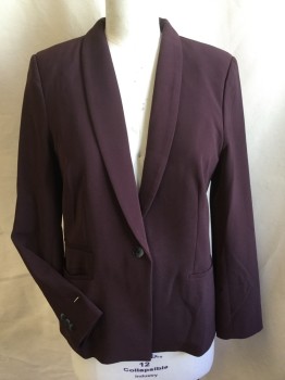 Womens, Blazer, CONTEMPORAINE, Maroon Red, Black, Gray, Off White, Mauve Pink, Synthetic, Polyester, Solid, Floral, B 36, 12, Maroon with Black/maroon/gray/off White/mauve Large Floral Print Lining, Shawl Lapel, Single Breasted, 1 Large Black Button, Long Sleeves, 3 Pockets, 1 Slit Back Center Hem