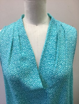 COVINGTON, Turquoise Blue, Lt Blue, Polyester, Abstract , Chiffon, Sleeveless, V-neck with Crossover Detail, Pullover, Pleats at Shoulders Around Neckline