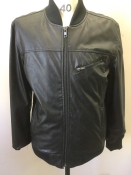 Mens, Casual Jacket, AMERICAN RAG, Black, Faux Leather, Solid, M, Rib Knit Stand Up Collar/ Waist/ Sleeve Cuffs, Zip Front, Zip Chest Pocket, Slit Pockets, Punch Out Pleather Elbow Patches, Multiples