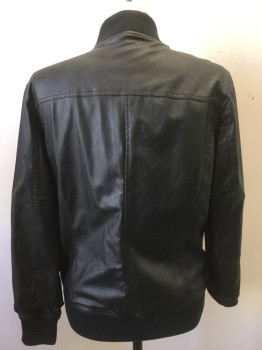 Mens, Casual Jacket, AMERICAN RAG, Black, Faux Leather, Solid, M, Rib Knit Stand Up Collar/ Waist/ Sleeve Cuffs, Zip Front, Zip Chest Pocket, Slit Pockets, Punch Out Pleather Elbow Patches, Multiples