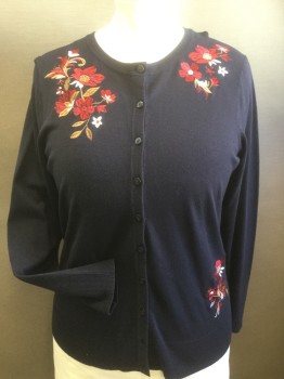 Womens, Sweater, CHARTER CLUB, Navy Blue, Red, Brown, Rayon, Nylon, Solid, Floral, 1X, Button Front, Long Sleeves, Floral Embroidery,
