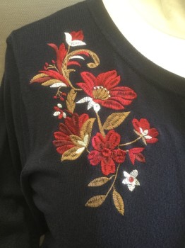 CHARTER CLUB, Navy Blue, Red, Brown, Rayon, Nylon, Solid, Floral, Button Front, Long Sleeves, Floral Embroidery,