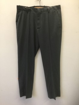 PERRY ELLIS, Gray, Polyester, Rayon, Solid, Flat Front, Zip Fly, 4 Pockets, Straight Slim Leg