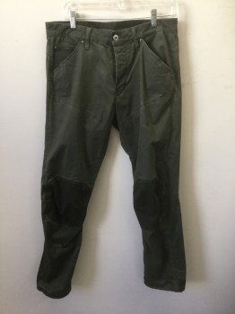 Mens, Casual Pants, G STAR RAW, Dk Olive Grn, Cotton, Elastane, Solid, Ins:34, W:31, Button Fly, 5 Pockets, Belt Loops, Skinny Leg, Reinforced Moto Inspired Panels at Knees, Drawstrings at Leg Openings