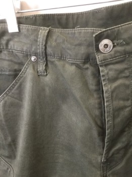 G STAR RAW, Dk Olive Grn, Cotton, Elastane, Solid, Button Fly, 5 Pockets, Belt Loops, Skinny Leg, Reinforced Moto Inspired Panels at Knees, Drawstrings at Leg Openings