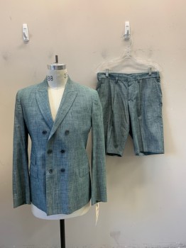 NEIL BARRETT, Blue, Cream, Cotton, Heathered, Double Breasted, Peaked Lapel, 4 Pockets, 2 Pc Short Suit, Skinny Fit *shorts Have Been Taken in to Be a 31"