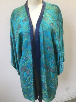 Womens, SPA Robe, ORIENTAL, Turquoise Blue, Green, Pink, Red, Black, Silk, Floral, Asian Inspired Theme, 42, 2 Pockets, Navy Trim, Missing Belt