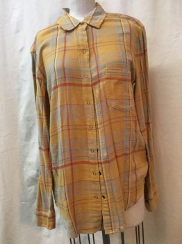 AERIE, Turmeric Yellow, Ruby Red, Gray, Brown, Blue, Synthetic, Plaid, Button Front, Collar Attached, Long Sleeves, 1 Pocket,