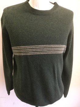 Mens, Pullover Sweater, ABERCROMBIE & FITCH, Forest Green, Beige, Black, Wool, Stripes - Horizontal , 40, Medium, Crew Neck, Long Sleeves,