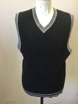 Mens, Sweater Vest, URBAN WEAR, Charcoal Gray, Lt Gray, Wool, Solid, M, Ribbed Knit Charcoal, Light Gray/Black Stripe Trim at Neck/Armholes/Waistband, V-neck, Neck Beginning to Fray