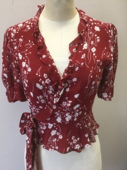 REFORMATION, Maroon Red, White, Viscose, Floral, Maroon with White Floral Pattern Chiffon, Short Sleeves, Wrap Closure with Hook and Eye at Top, Self Ties at Waist, Wrapped V-neck, Ruffles Along Neckline, Self Ties. Elastic Cuffs with Ruffled Edges, Peplum Waist, **Barcode Located at  Along Waist Seam in Front