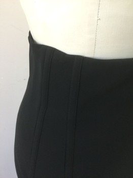 Womens, Skirt, Knee Length, MOSCHINO, Black, Acetate, Polyester, Solid, 6, Crepe, Vertical Boned Channels at Waist (2 on Either Side), Form Fitting Pencil Skirt, Invisible Zipper at Center Back Waist, Vent at Center Back Hem